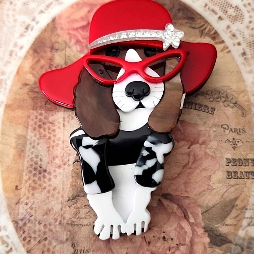 DIVA Black and Red DOG WITH Hat And GLASSES Brooch